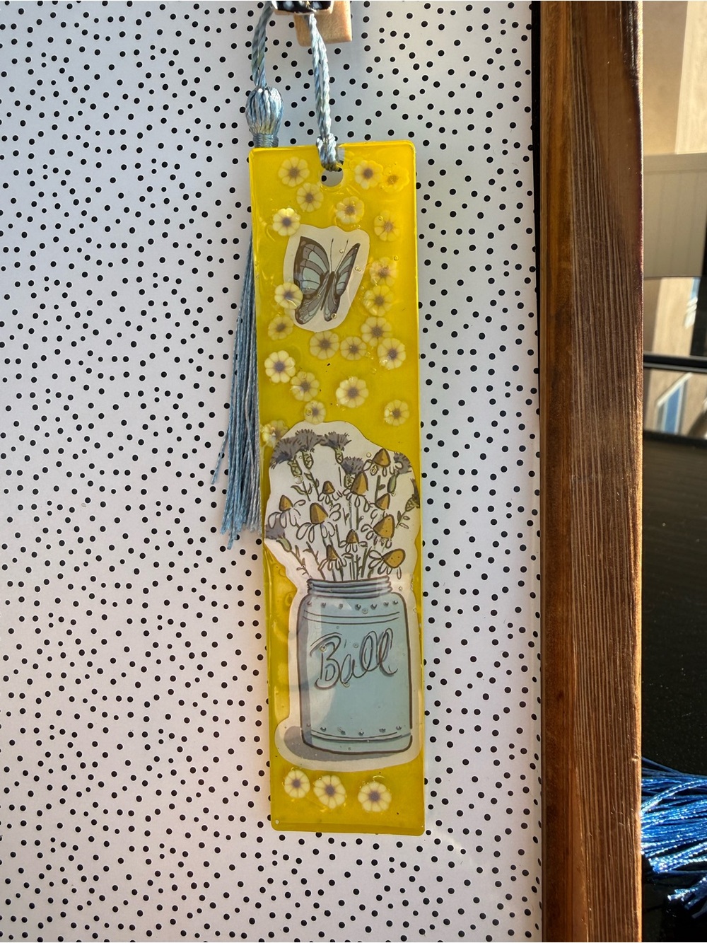 Yellow Resin Bookmark with Blue Mason Jar and Daisies